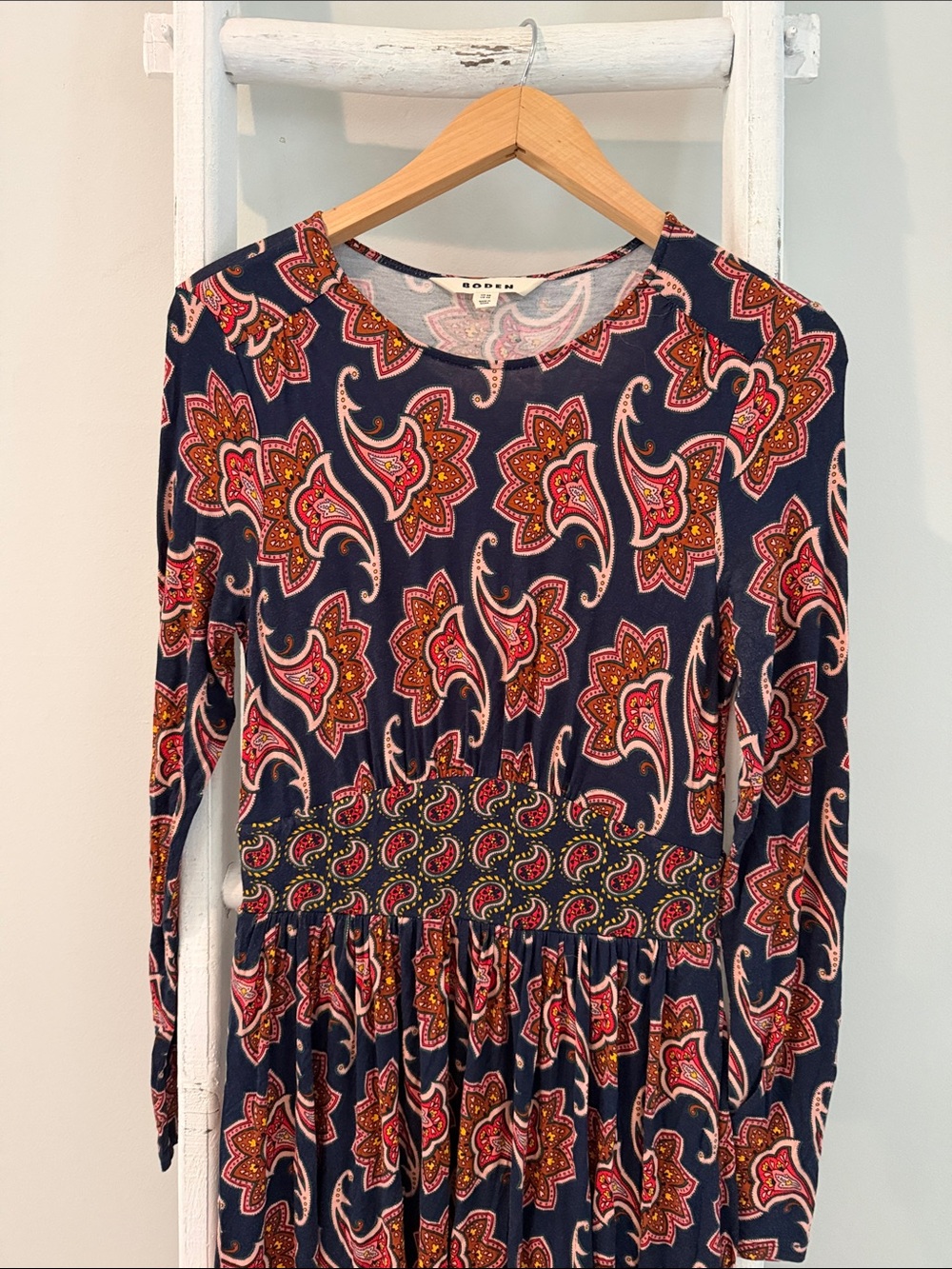 Boden Navy Long-Sleeve Thea Paisley Midi Dress French navy size 4 - Picture 3 of 8
